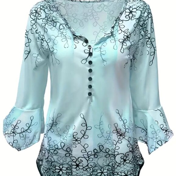 NWOT Floral Ruffle Trim Button Blouse - Casual Half Sleeve Top, Size Large - Picture 3 of 3